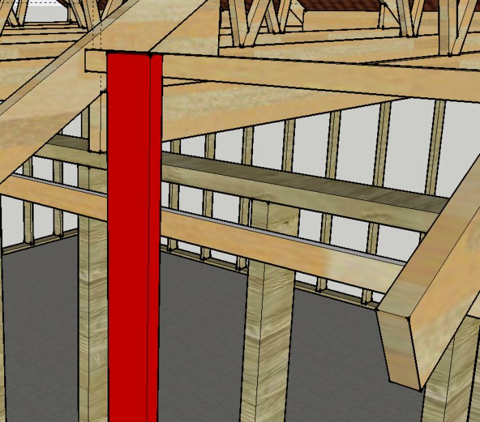 3D-modell av ett pågående garagebygge med exponerade takstolar och reglar, utan vindväv och klämlister.