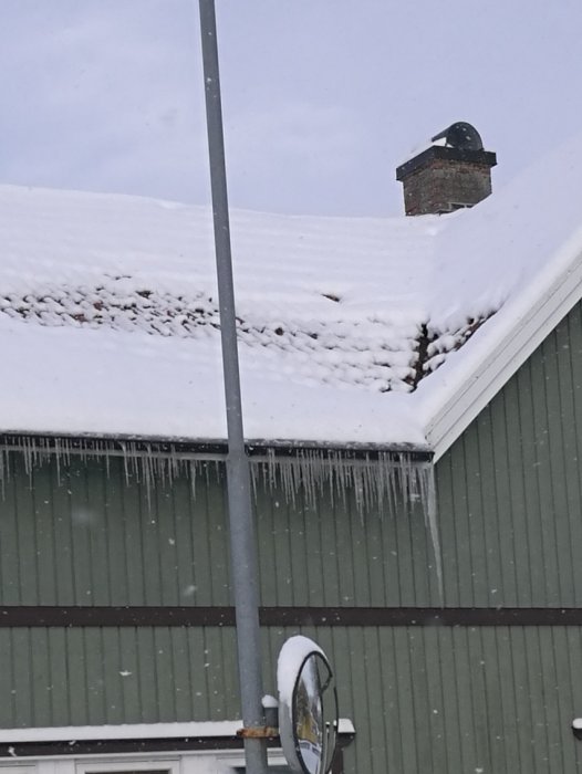 Ett snötäckt hustak med isbildningar på takkanten och en skorsten i bakgrunden.