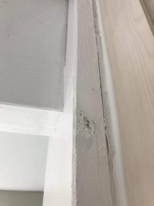 Detaljbild av en outspacklad kvist och glipan mellan trägolvsockel och vitmålad vägg.