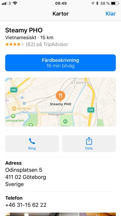 Skärmdump av kartapp med markerad restaurang Steamy PHO i Göteborg och kontaktinformation.