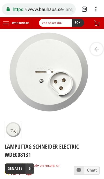 Lamputtag från Schneider Electric med plastlock och krok för takmontage, maxvikt 15 kg.