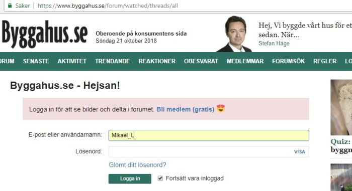 Skärmdump av inloggningssida på Bygghus.se med inloggningsfält för e-post och lösenord.