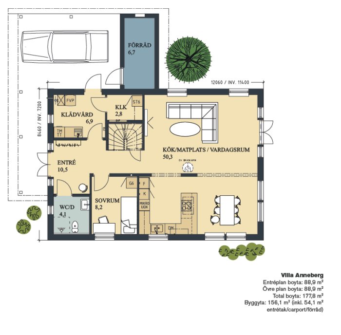 Planritning av Villa Anneberg med en boyta på 177,8 kvadratmeter inklusive entré, kök/vardagsrum och sovrum.