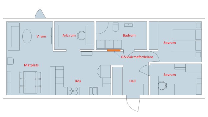 Planritning av hus med utmärkta rum och placering av golvvärmefördelare.