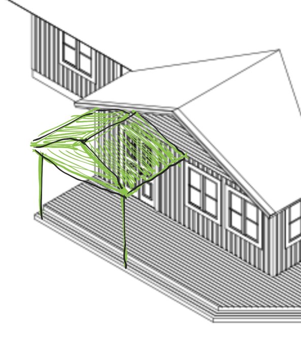 3D-skiss av ett hus med föreslagen ändring av taket markerad i grönt.