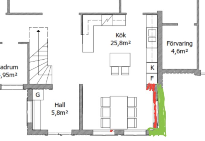 Ritning av husplan med markerade ändringar i rött och grönt, visar kök och förvaringsutrymme.