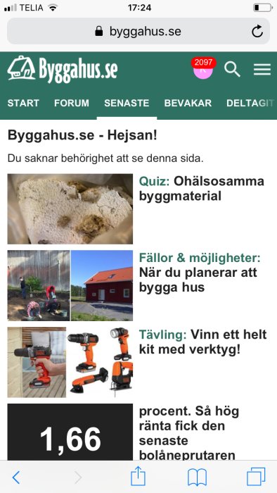 Skärmdump av byggforum med felmeddelande "Du saknar behörighet att se denna sida" och reklam för byggmaterial och verktyg.