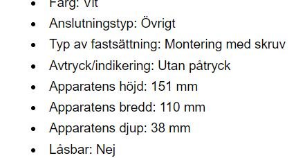 Skärmdump av specifikationer för en vit apparat inklusive mått och monteringsinformation.