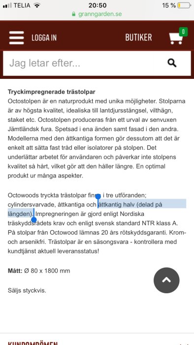 Skärmdump av en webbsida med information om tryckimpregnerade trästolpar från GrannGården.