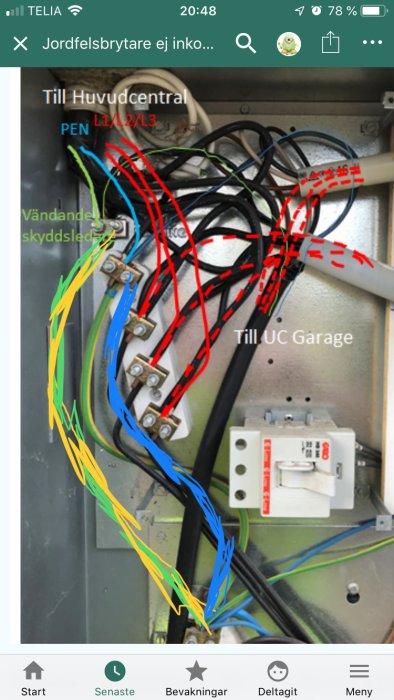 Elcentral med felaktigt kopplade kablarna markerade i färg, indikerar troligt missförstånd i TN-S systemet.