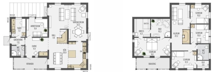 Ritning av vinkelhus med veranda, planlösning inkluderar kök, vardagsrum, arbetsrum, sovrum och badrum.