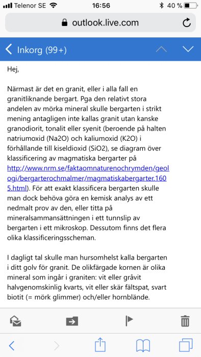 Skärmbild av e-postmeddelande med diskussion om granit och dess vetenskapliga klassificering.