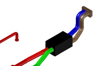 3D-modell av ventilationskanaler med en brun och en blå flexibel ljuddämpare ansluten till en svart låda.