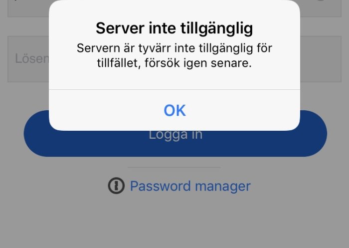 Dialogruta som visar felmeddelandet "Server inte tillgänglig" i en app.