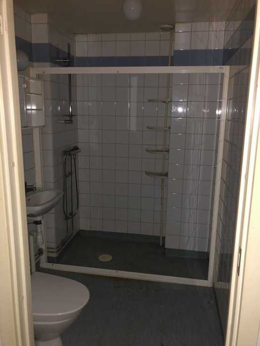 Gammalt kaklat badrum med handfat, toalett och duschhörna i en lägenhet från 1800-talet.