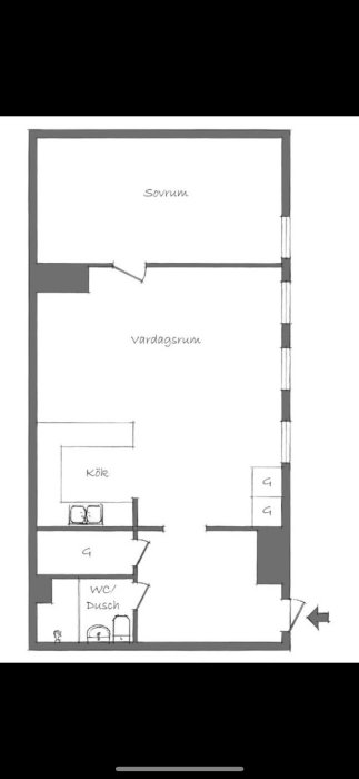 Ritning av lägenhetsplan med markerat badrum avsett för renovering och vägg som ska rivas.