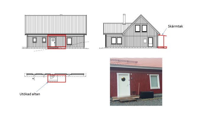 Arkitektritningar och foto av ett hus med förslag på en utökad altan och ett skärmtak.