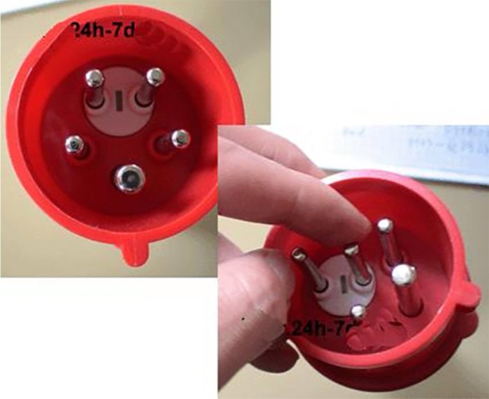 Två bilder sammanställda av röd installationsdosa, en tom och en med hand som visar fasvändare.