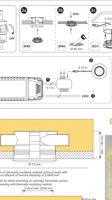 Installationsinstruktioner för belysning som visar dimensioner för inkoppling och skyddsgrader, med fokus på drivdon och spotavstånd.