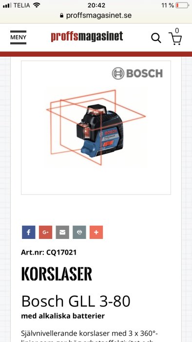 Bosch GLL 3-80 professionell självnivellerande korslaser på en onlineproduktvisningssida.