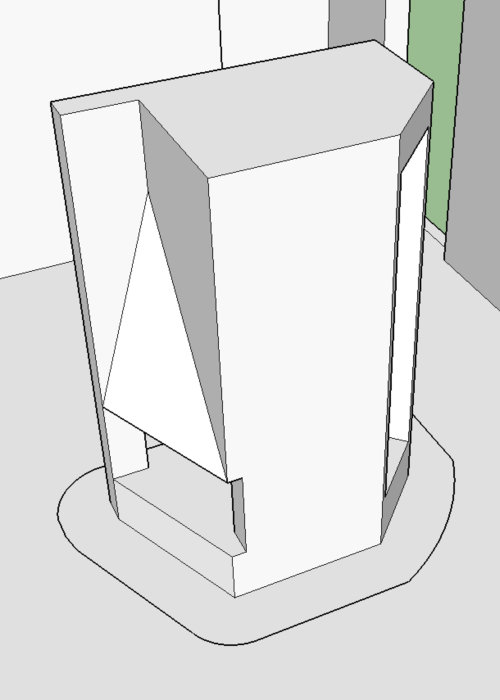 3D-skiss av en öppen spis som förbereds för renovering med markerade nya kanter.