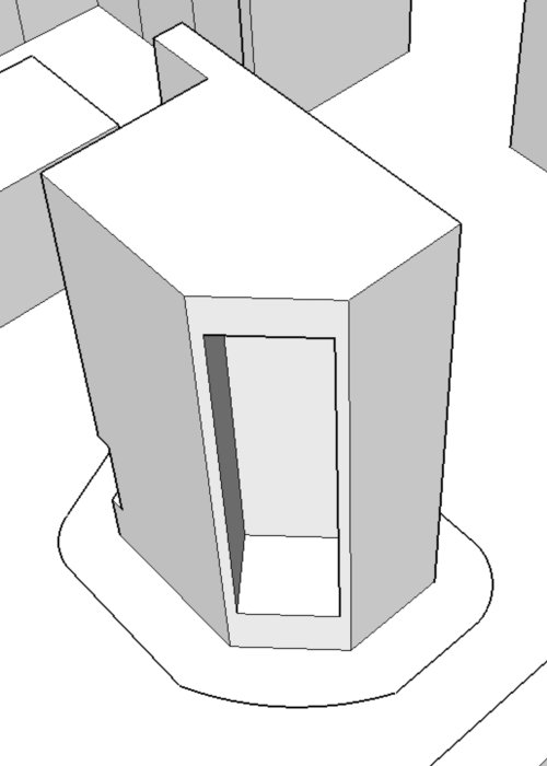 3D-modell av ett hus med markerat område för planerat badrum.