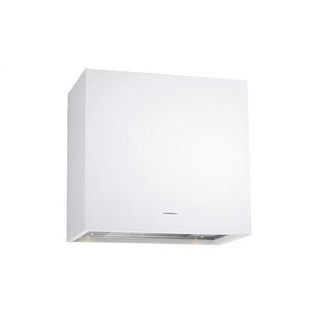 Vit modern spiskåpa av modellen Box från Fjäråskupan med inbyggt spjäll.