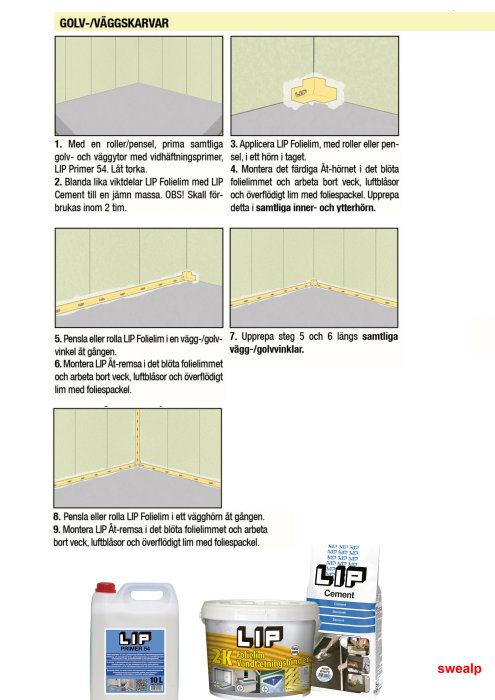 Illustration av steg-för-steg-guide för att applicera LIP Folielim och montera LIP Åt-list i hörn på vägg och golv.