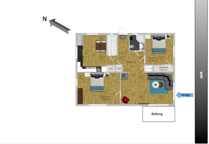 Arkitektritning av ett enplanshus med tydlig planlösning inklusive möblering, beskrivning av rum och balkong.