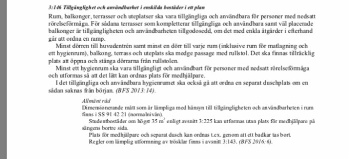 Skärmbild på texturklipp från Boverkets byggregler som diskuterar tillgänglighet och anpassning av entréer med krav på dörröppningar och rullstolsanpassning.