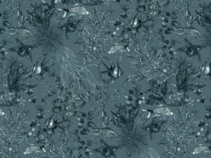 Ett detaljerat mönster av undervattensliv med fiskar och koraller i olika nyanser av blått och grått, avsett för tapetsering.
