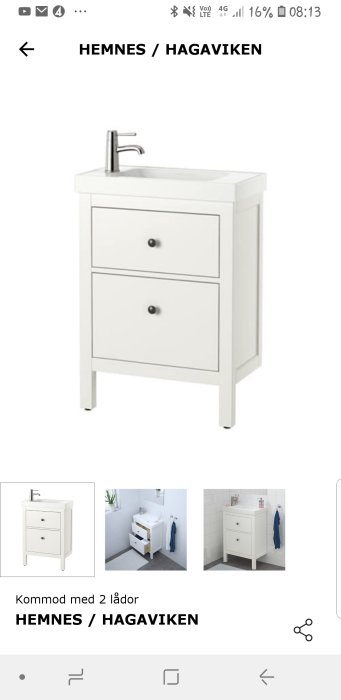 Vit tvättställsskåp med två lådor och handfat ovanpå, HEMNES / HAGAVIKEN modell, visas i en smartphone skärmdump.