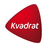 Röd triangel med ordet "Kvadrat" som företagslogga.