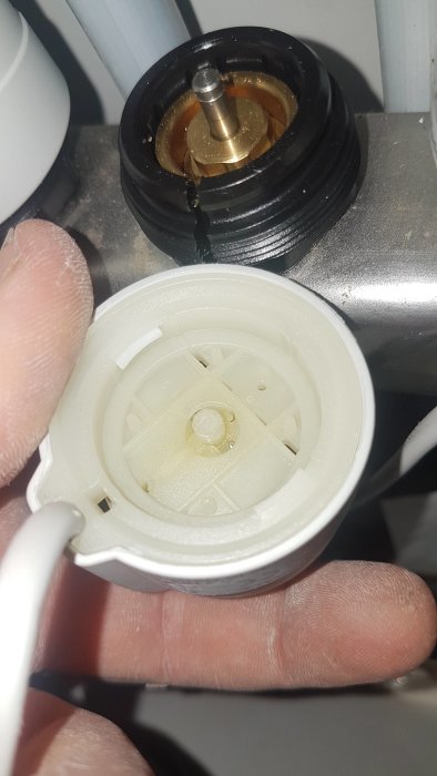 Närbild på en person som håller ett öppnat termostatreglage med synlig ventil och fjäder.