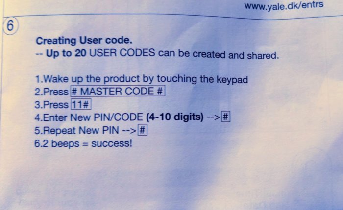 Manualsida som visar steg för att skapa en användarkod med ett feltryck där "*" saknas.