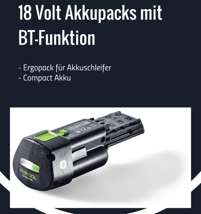 Festool 18 volt batteripaket med Bluetooth-funktion, kompakt design.