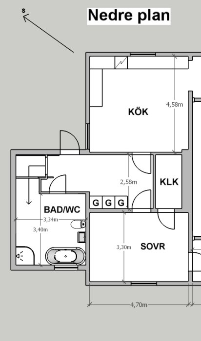 Nedre plansritning med kök, sovrum, klädkammare och badrum/WC anpassat för handikappade, markerat som 'småhus'.