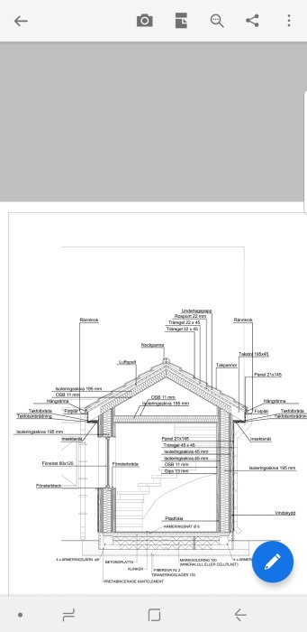 Arkitektonisk sektion av ett hus som visar material och konstruktion för vägg, golv och tak.