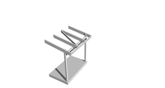 3D-modell av en förenklad byggnadsstomme utan tak, förberedd för taköverhäng och hängränna.