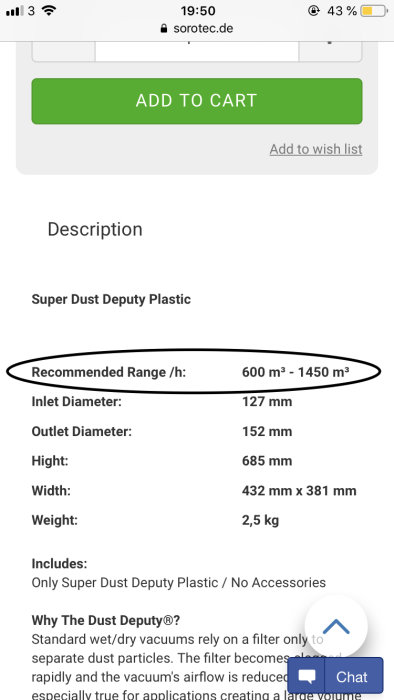 Skärmdump av en produktbeskrivning för Super Dust Deputy med rekommenderat luftflödesintervall omringat.