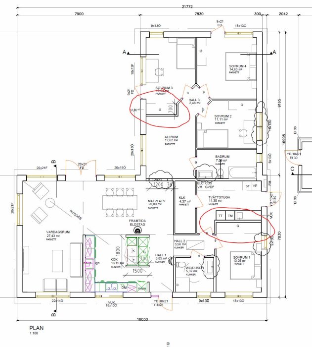 Arkitektonisk planritning av en bostad med markerade områden för garderober i Sovrum 1 och Sovrum 3.