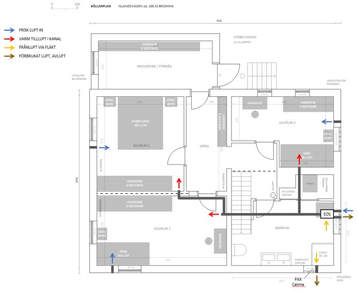 Planritning av källare med markerade ventilationssystem inklusive Pax Eos och Calima samt rumsindelning och möblering.
