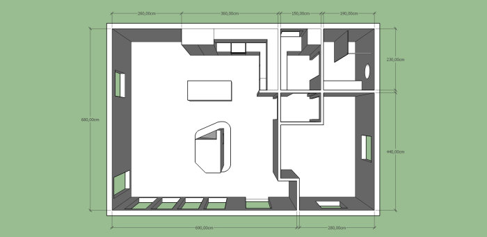 Arkitektonisk ritning av en bostadsplan med mått och möbleringsförslag, inklusive ett utvidgat sovrum mot öst.