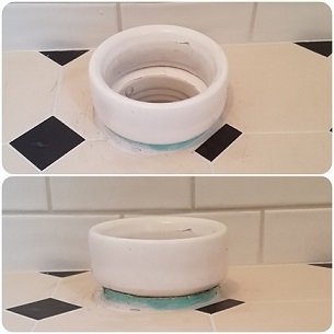 Tvådelad bild visar toalettavlopp före och efter installation på svartvitt klinkergolv med manschett.