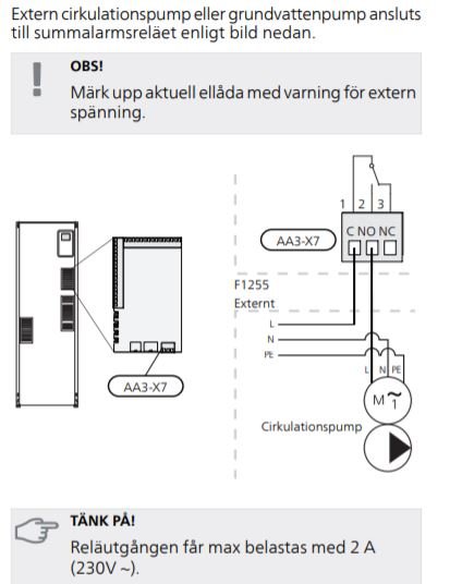 Schematisk illustration av anslutning för extern cirkulationspump eller grundvattenpump till summalarmrelä.