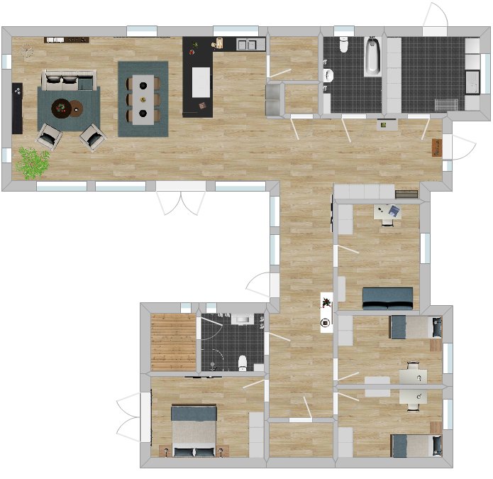 3D-ritning av ett hus i ladan-stil med en planlösning som inkluderar kök, vardagsrum, badrum och sovrum.