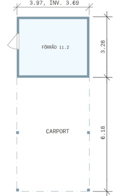 Ritning över carport med måttangivelser och angränsande förråd, planering för golvkonstruktion.