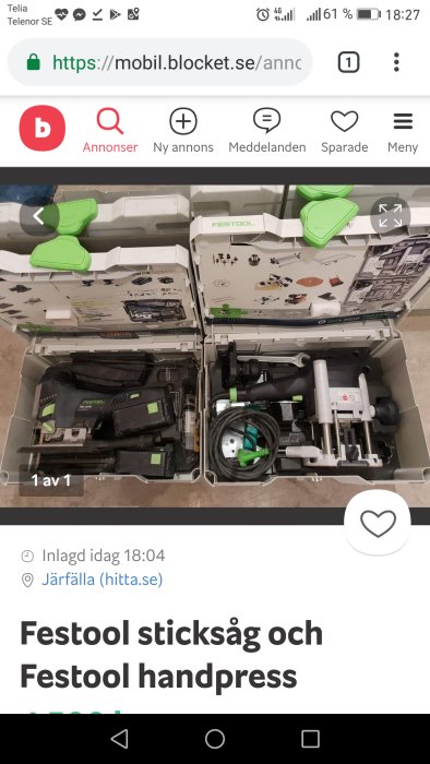 Festool verktyg i två öppna systainrar, inklusive sticksåg och handöverfräs med tillbehör.