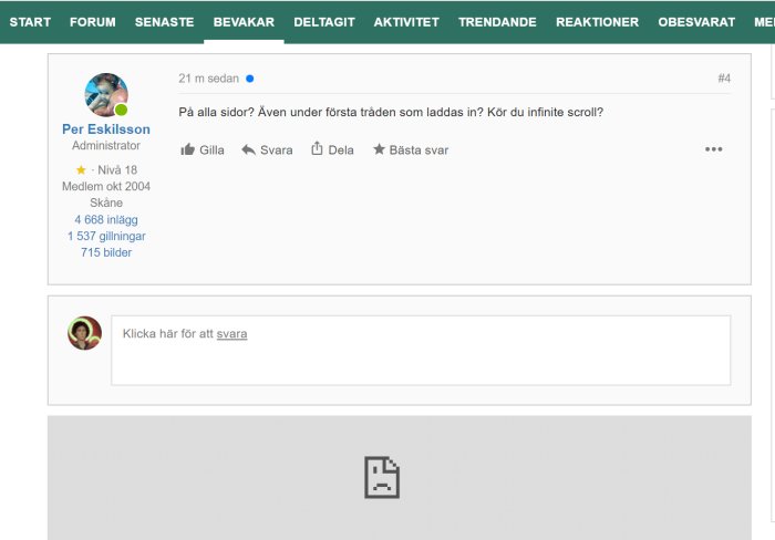 Skärmdump av ett användarinlägg i ett forum med diskussion om infinite scroll.