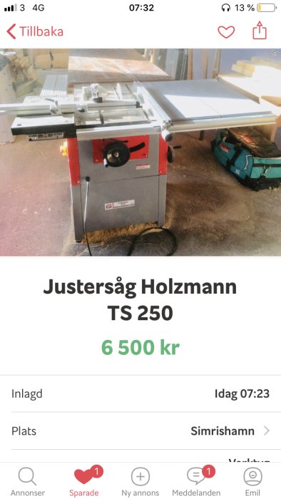 Justerbar Holzmann TS 250 bordssåg till salu för 6 500 SEK i arbetsmiljö.